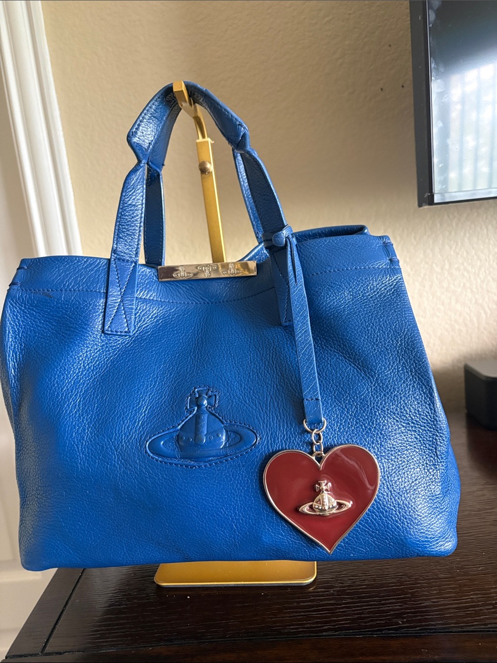 Vivienne Westwood Chancery Heart Blue Leather Tote + Heart Mirror Charm & Pouch